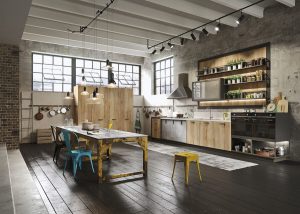Loft no estilo industrial com móveis de madeira rústica