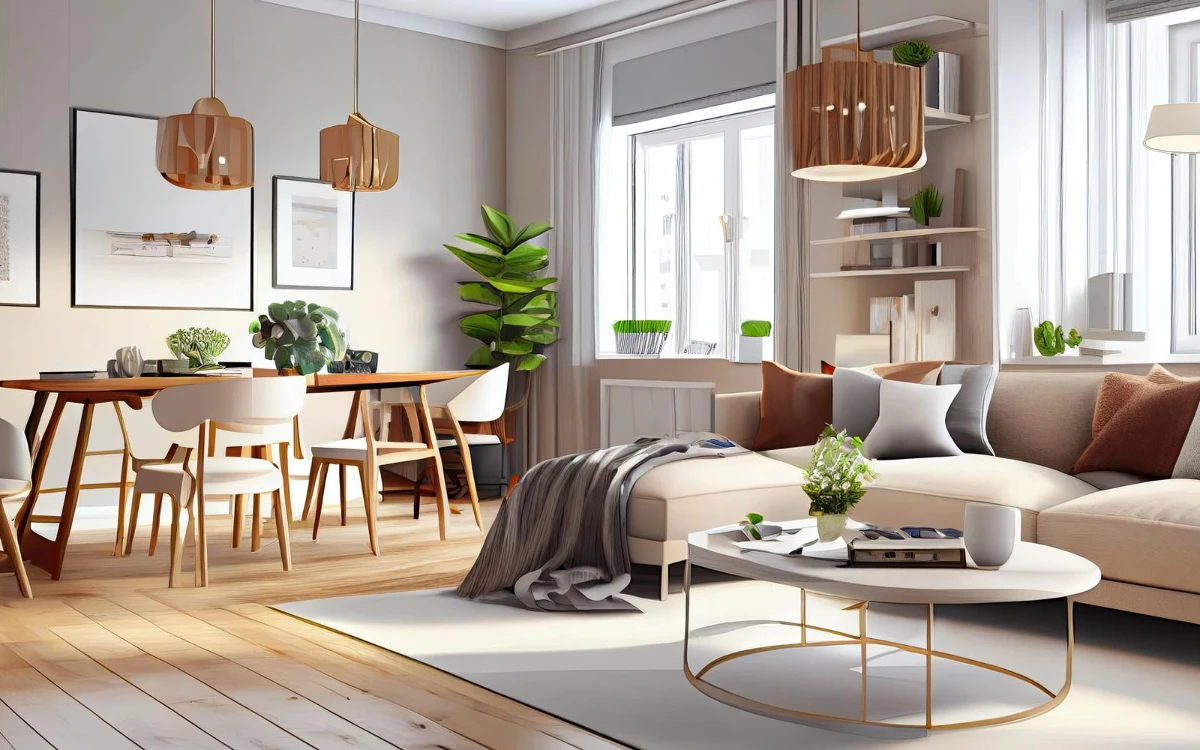 Elegante projeto de sala de estar escandinava com sala de jantar integrada, sofá na cor menta.