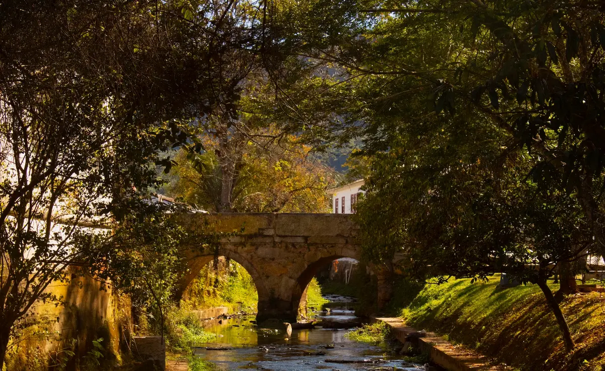 ponte de pedra sobre um rio cercado por árvores