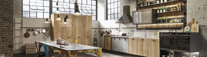 Loft no estilo industrial com móveis de madeira rústica