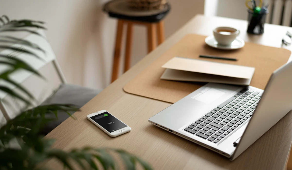 foto de uma mesa de trabalho com laptop