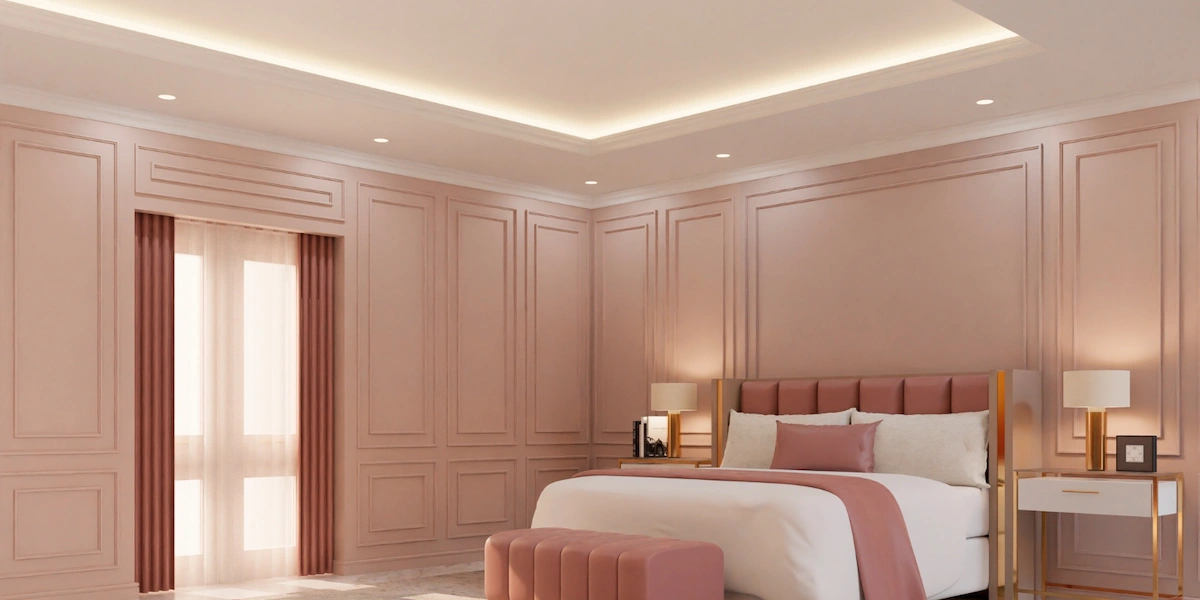 quarto em tons rose-gold com iluminação no teto